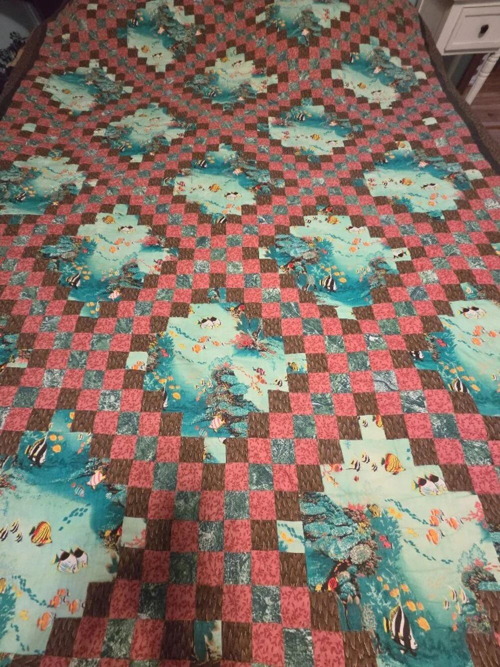 handmade quilt featuring ocean theme with checkerboard pattern reverse 85x65